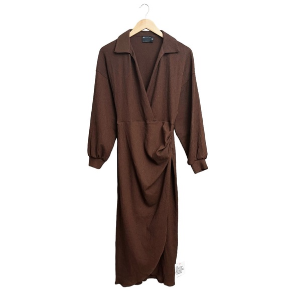 ASOS Design Textured Wrap Midi Dress Brown - Picture 2 of 7